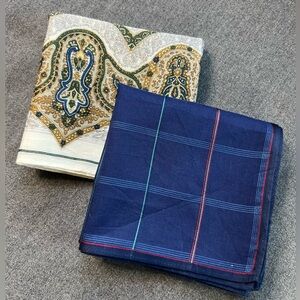 Set of 2 Ungaro Cotton Handkerchiefs Navy Blue Striped & Cream Paisley 18”Square
